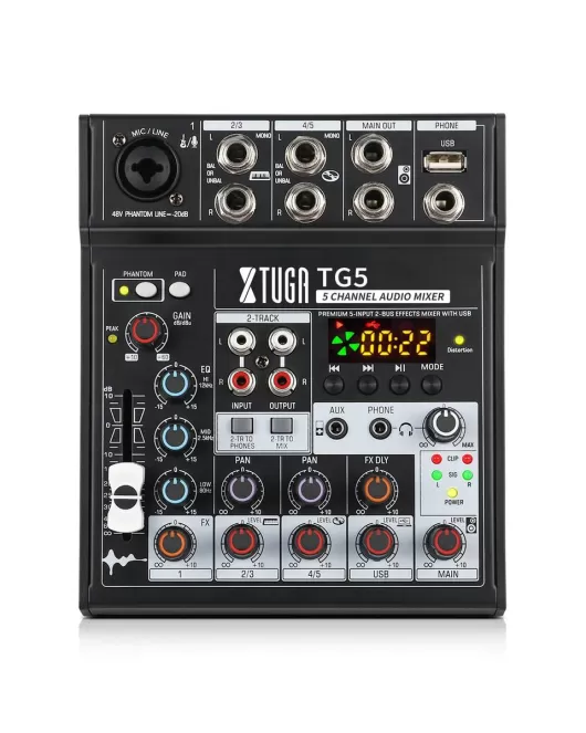 La XTUGA TG5 es una mezcladora de audio de 5 canales, una consola de mezcla de sonido portátil con USB